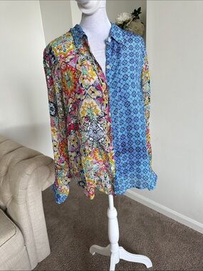Apny Boho Mixed-Print Button-Up Shirt - Blue & Multi